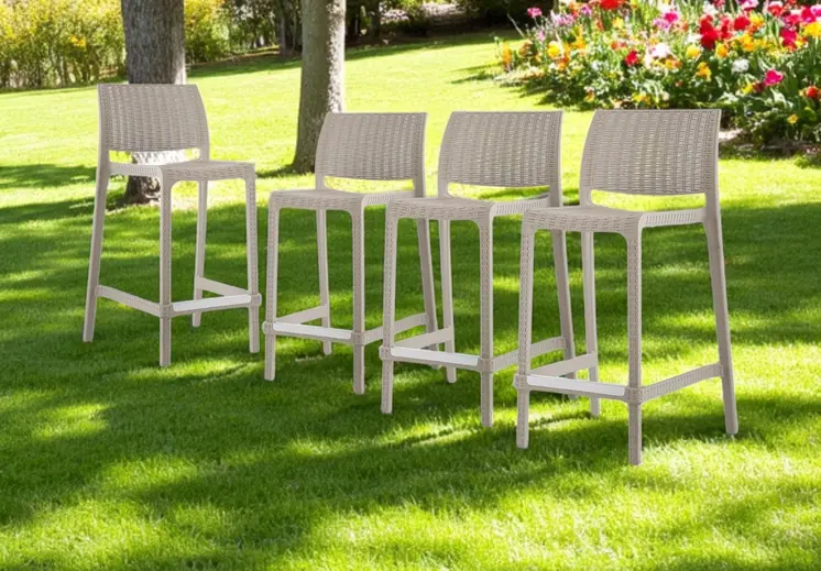 Set of Four 26" Taupe Faux Rattan Heavy Duty Plastic Low Back Outdoor Counter Height Bar Chairs