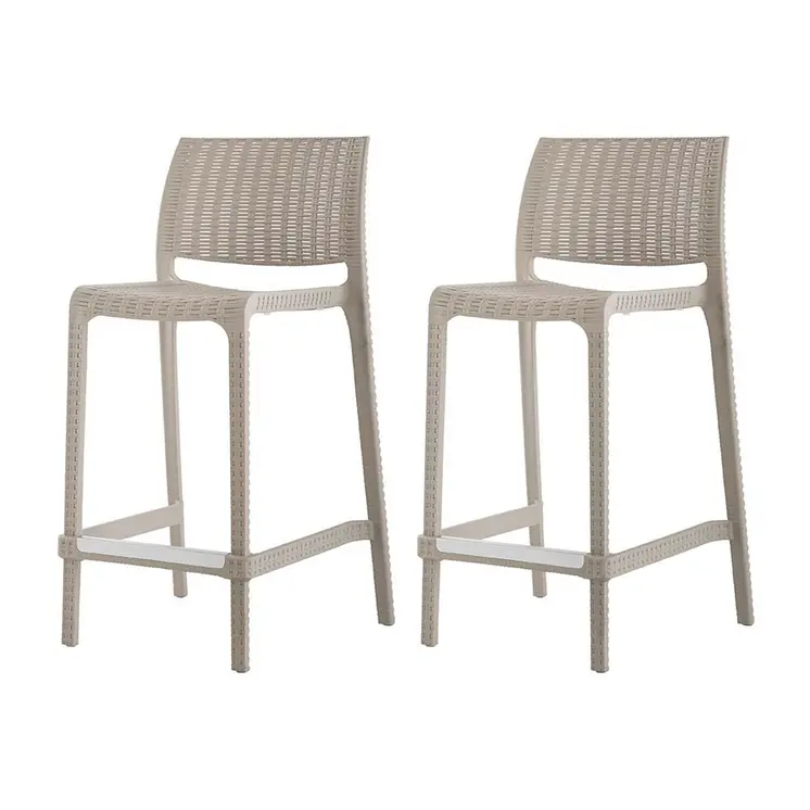 Set of Four 26" Taupe Faux Rattan Heavy Duty Plastic Low Back Outdoor Counter Height Bar Chairs