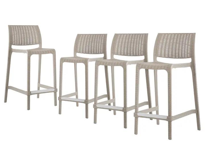 Set of Four 26" Taupe Faux Rattan Heavy Duty Plastic Low Back Outdoor Counter Height Bar Chairs