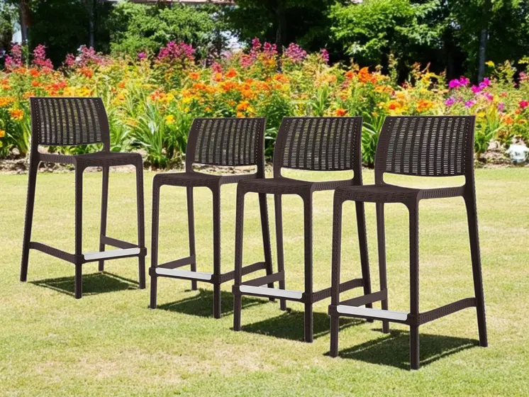 Set of Four 26" Brown Faux Rattan Heavy Duty Plastic Low Back Outdoor Counter Height Bar Chairs
