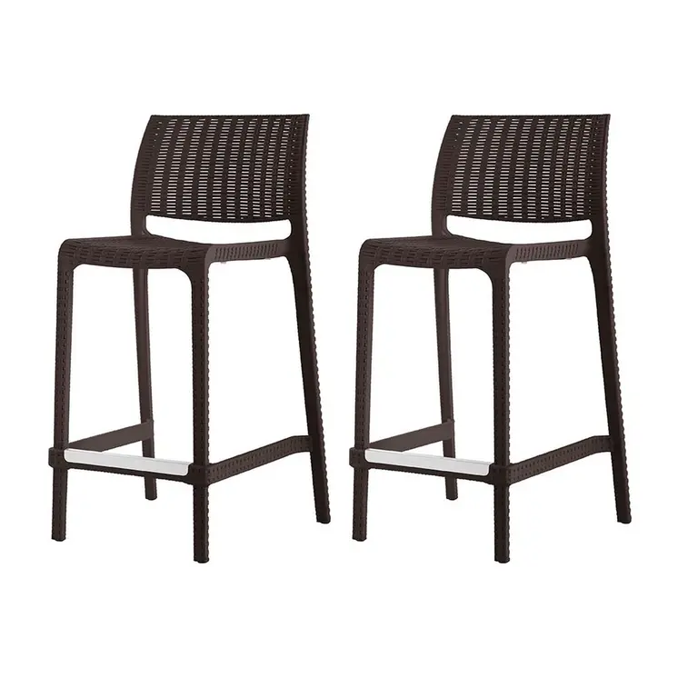 Set of Four 26" Brown Faux Rattan Heavy Duty Plastic Low Back Outdoor Counter Height Bar Chairs