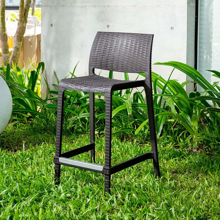 Set of Four 26" Brown Faux Rattan Heavy Duty Plastic Low Back Outdoor Counter Height Bar Chairs