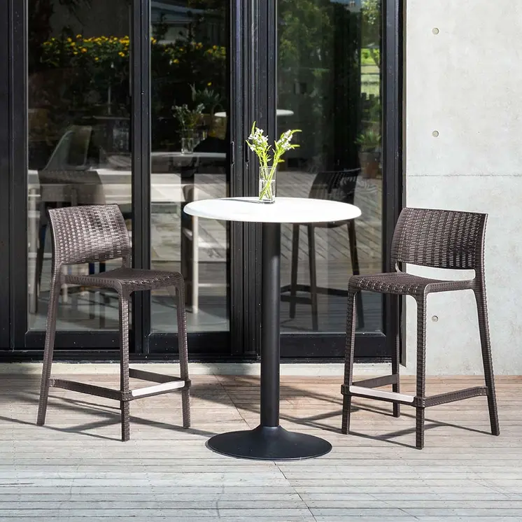 Set of Four 26" Brown Faux Rattan Heavy Duty Plastic Low Back Outdoor Counter Height Bar Chairs