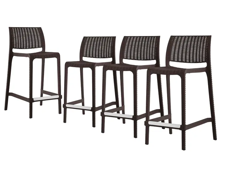 Set of Four 26" Brown Faux Rattan Heavy Duty Plastic Low Back Outdoor Counter Height Bar Chairs