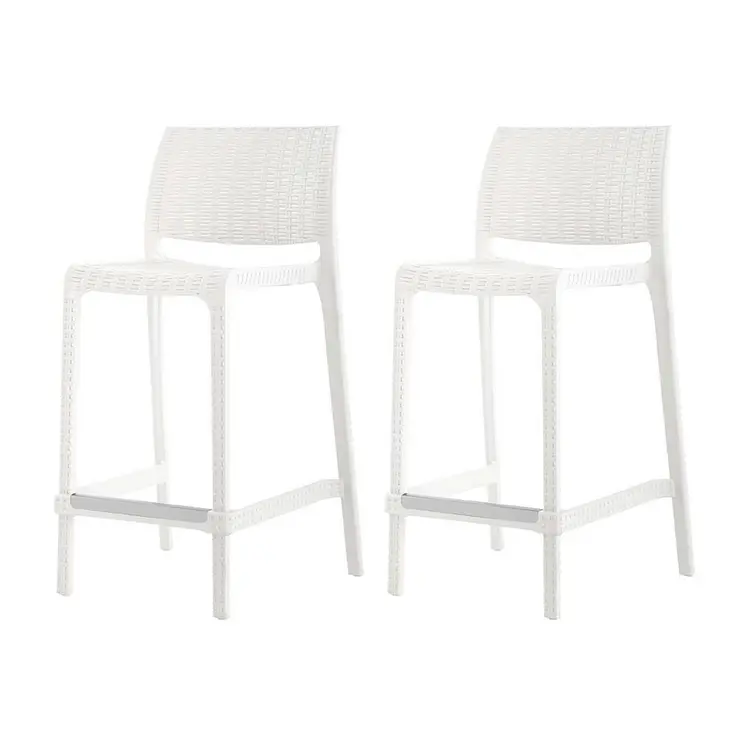 Set of Four 26" White Faux Rattan Heavy Duty Plastic Low Back Outdoor Counter Height Bar Chairs