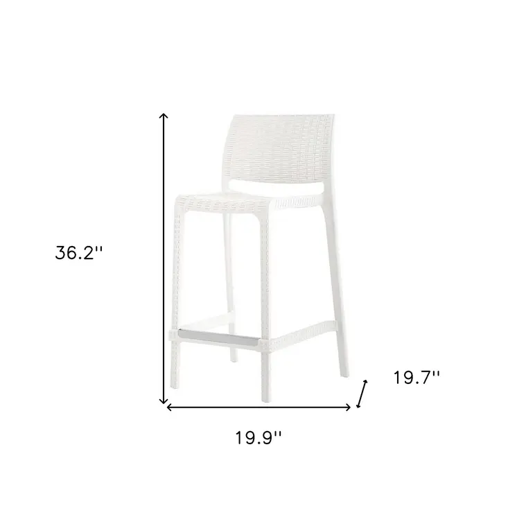 Set of Four 26" White Faux Rattan Heavy Duty Plastic Low Back Outdoor Counter Height Bar Chairs