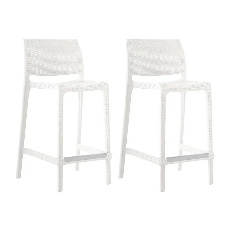 Set of Four 26" White Faux Rattan Heavy Duty Plastic Low Back Outdoor Counter Height Bar Chairs