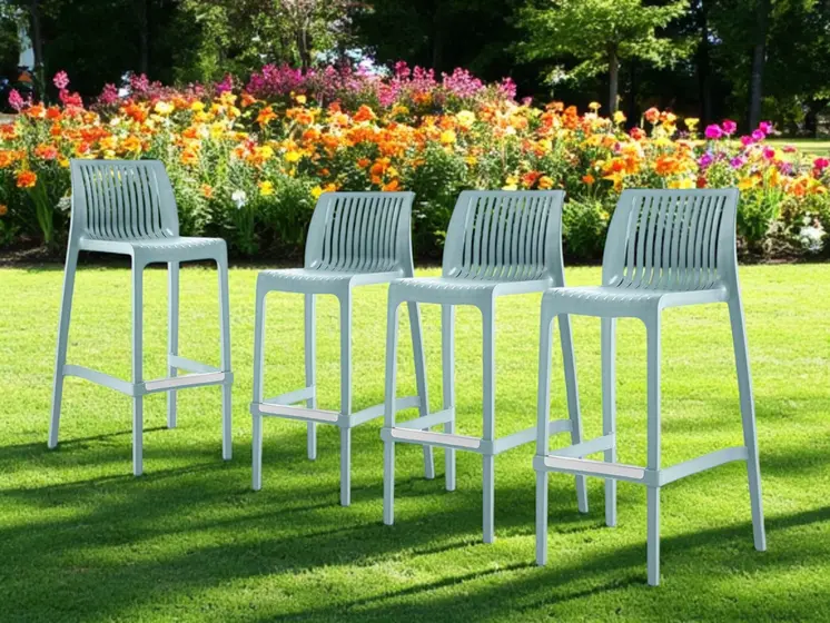 Set of Four 30" Baby Blue Heavy Duty Plastic Low Back Outdoor Bar Height Chairs