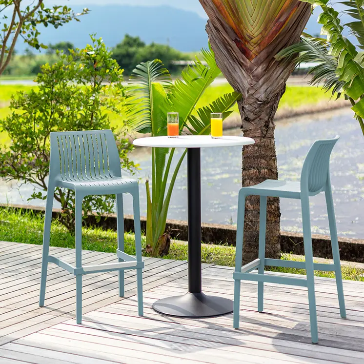 Set of Four 30" Baby Blue Heavy Duty Plastic Low Back Outdoor Bar Height Chairs