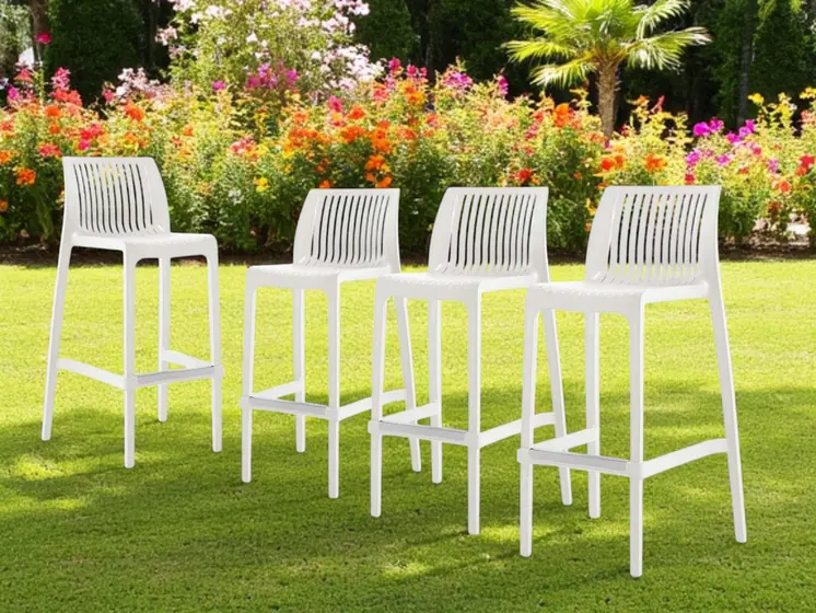Set of Four 30" White Heavy Duty Plastic Low Back Outdoor Bar Height Chairs