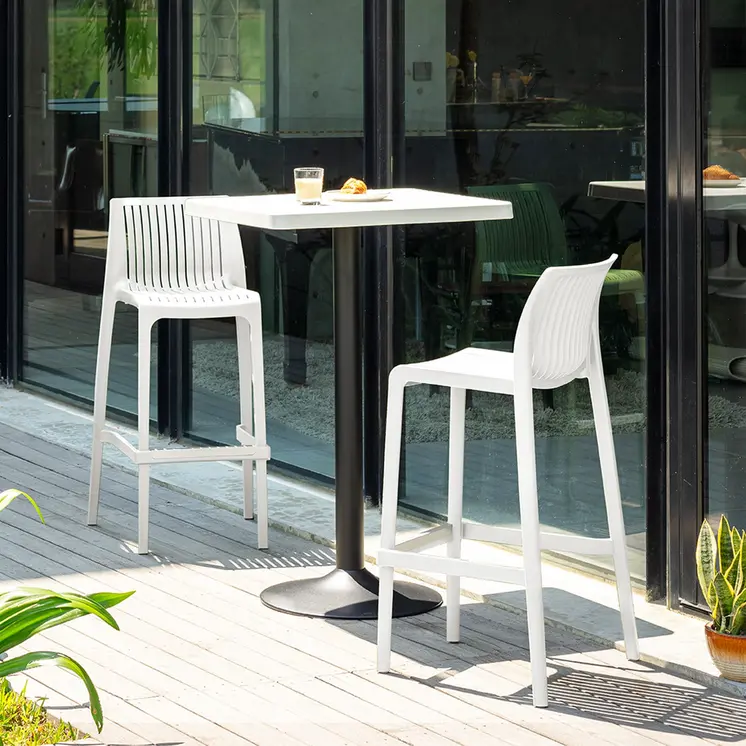Set of Four 30" White Heavy Duty Plastic Low Back Outdoor Bar Height Chairs