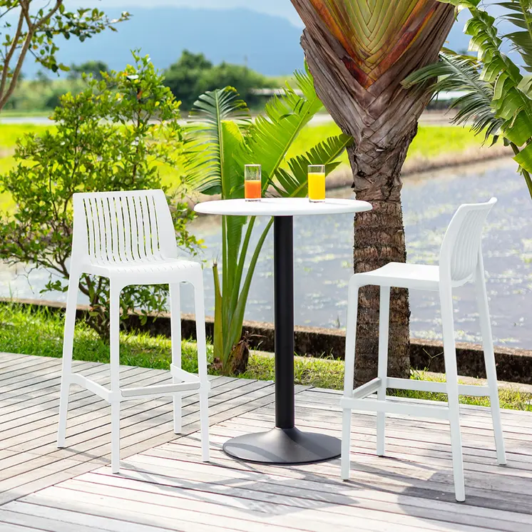Set of Four 30" White Heavy Duty Plastic Low Back Outdoor Bar Height Chairs