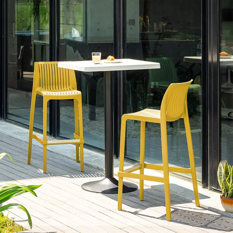 Set of Four 30" Yellow Heavy Duty Plastic Outdoor Bar Height Chairs
