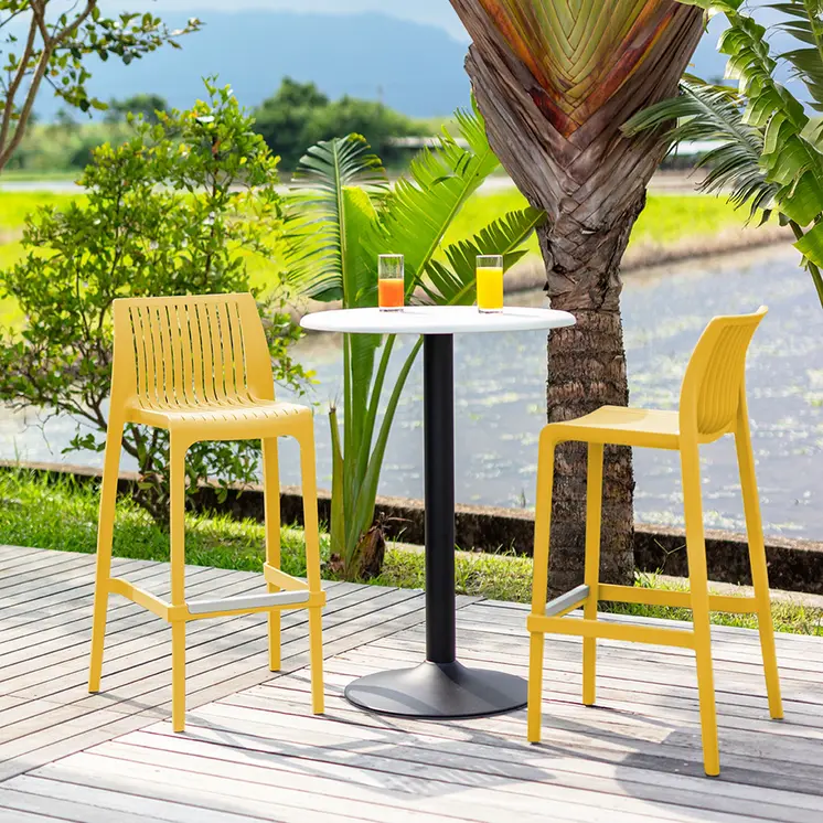 Set of Four 30" Yellow Heavy Duty Plastic Outdoor Bar Height Chairs