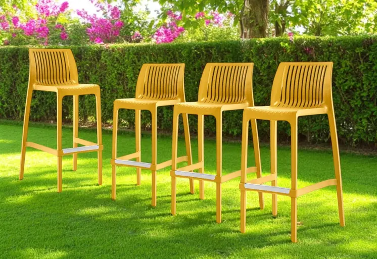 Set of Four 30" Yellow Heavy Duty Plastic Outdoor Bar Height Chairs
