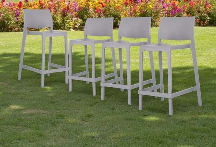 Set of Four 26" Gray Heavy Duty Plastic Low Back Outdoor Counter Height Bar Chairs