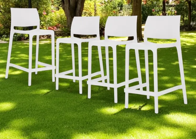 Set of Four 26" White Heavy Duty Plastic Low Back Outdoor Counter Height Bar Chairs