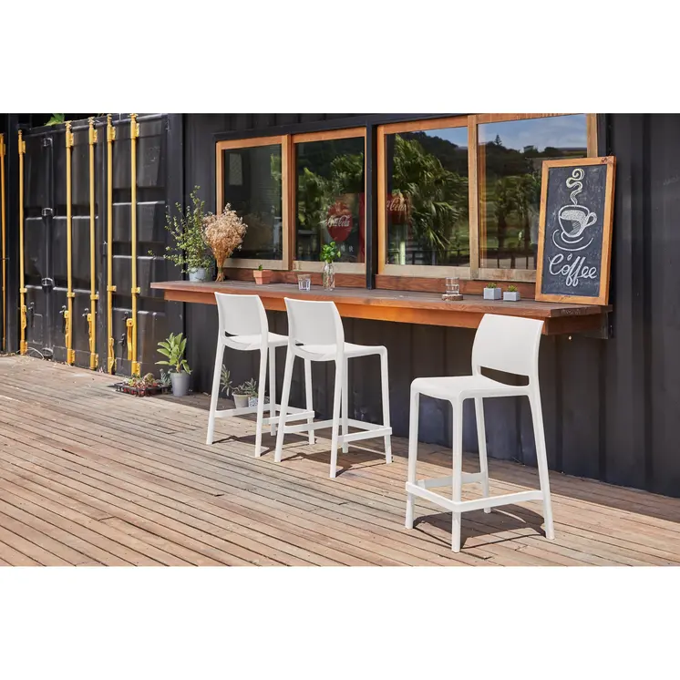 Set of Four 26" White Heavy Duty Plastic Low Back Outdoor Counter Height Bar Chairs