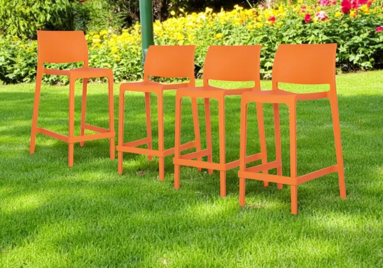 Set of Four 26" Orange Heavy Duty Plastic Low Back Outdoor Counter Height Bar Chairs