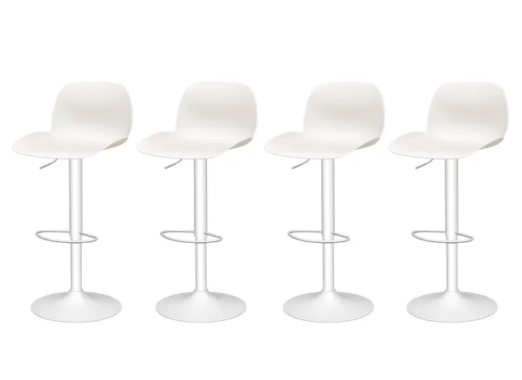 Set of Four White Heavy Duty Plastic and Metal Mid Back Adjustable Height Swivel Bar Chairs