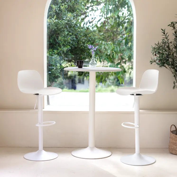 Set of Four White Heavy Duty Plastic and Metal Mid Back Adjustable Height Swivel Bar Chairs