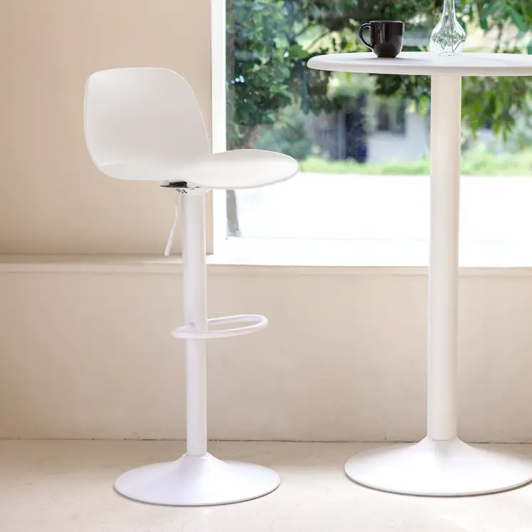 Set of Four White Heavy Duty Plastic and Metal Mid Back Adjustable Height Swivel Bar Chairs