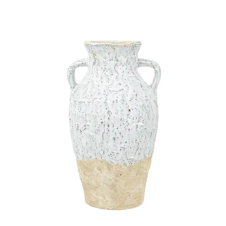 14" Beige And Ivory Color Block Amphora Terracotta Table Vase