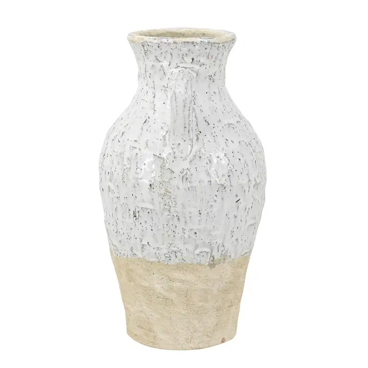 14" Beige And Ivory Color Block Amphora Terracotta Table Vase