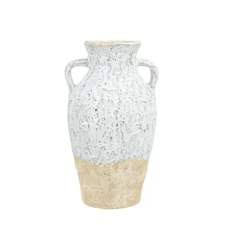 14" Beige And Ivory Color Block Amphora Terracotta Table Vase