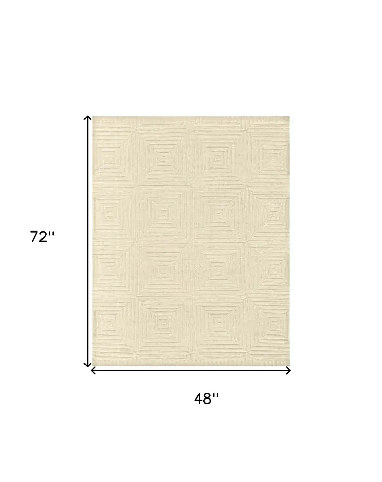 4' X 6' Ivory Wool Geometric Hand Knotted Area Rug
