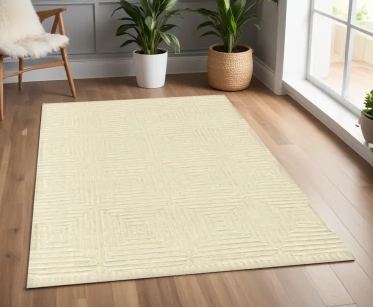 4' X 6' Ivory Wool Geometric Hand Knotted Area Rug