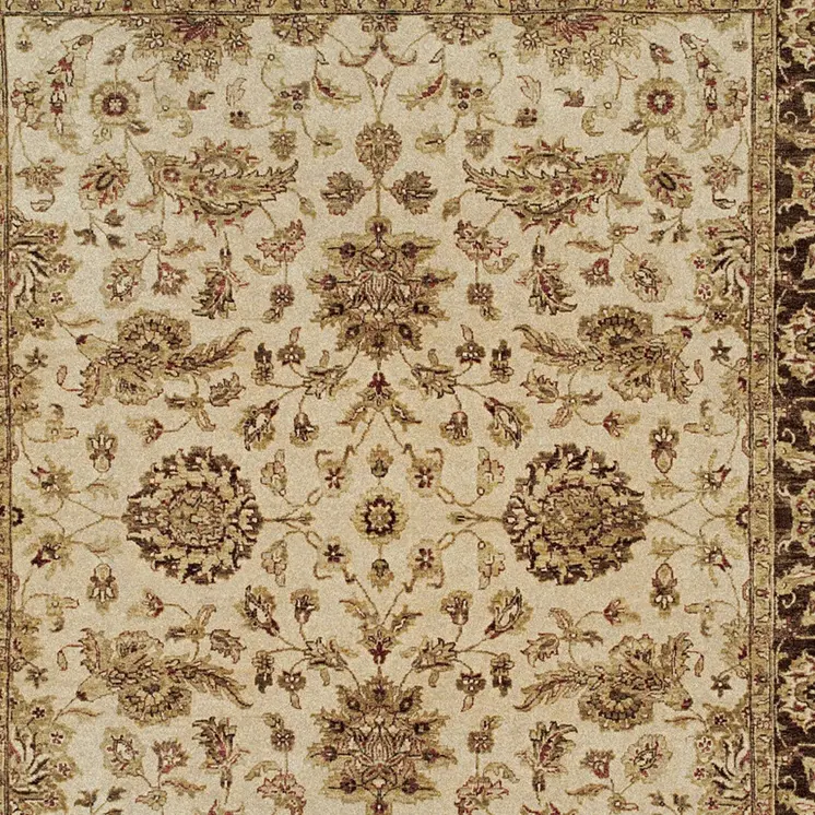 6' X 9' Ivory Brown and Gold Wool Oriental Hand Knotted Area Rug