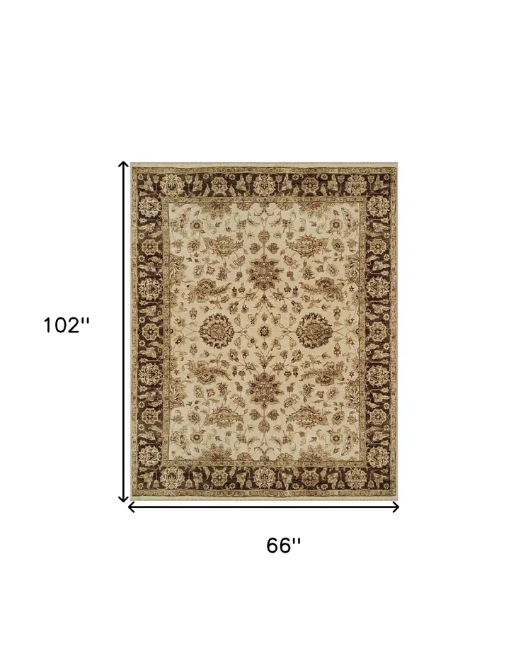 6' X 9' Ivory Brown and Gold Wool Oriental Hand Knotted Area Rug