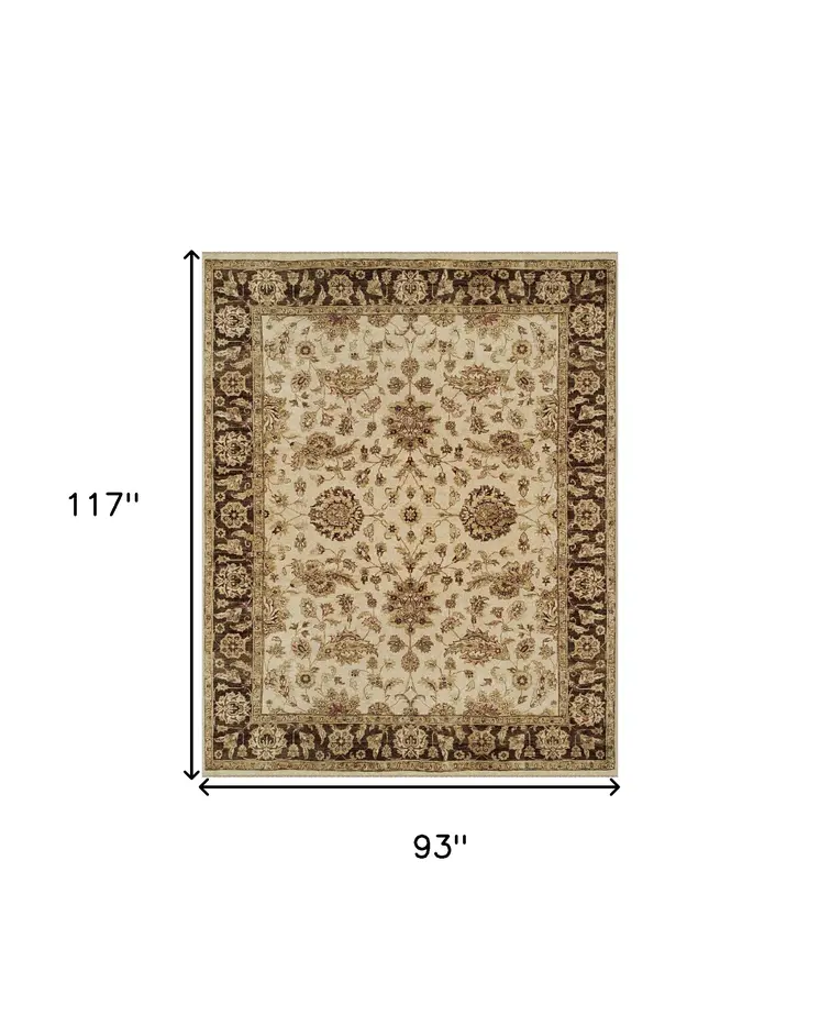 8' X 10' Ivory Brown and Gold Wool Oriental Hand Knotted Area Rug