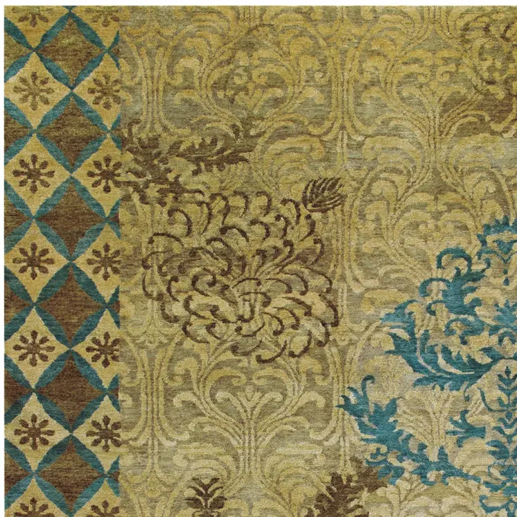 4' X 6' Tan Blue and Brown Floral Hand Knotted Area Rug