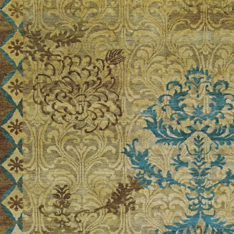 6' X 9' Tan Blue and Brown Floral Hand Knotted Area Rug