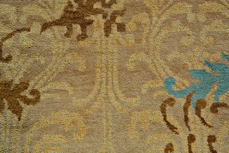 6' X 9' Tan Blue and Brown Floral Hand Knotted Area Rug
