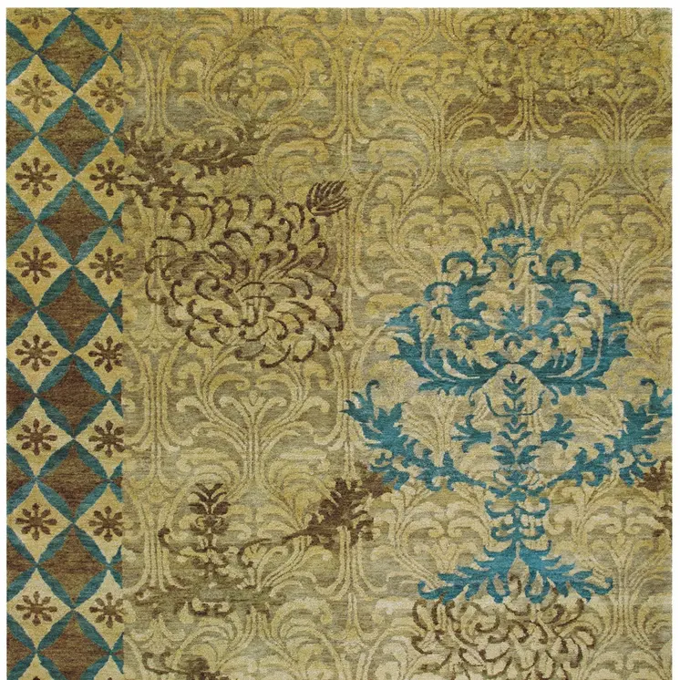 8' X 12' Tan Blue and Brown Floral Hand Knotted Area Rug