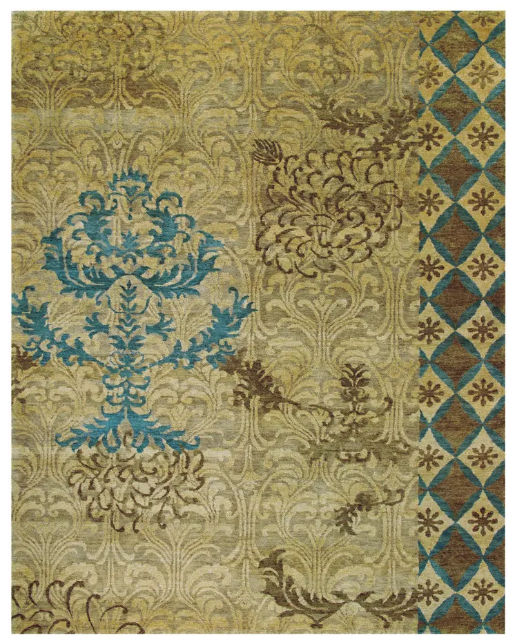 8' X 12' Tan Blue and Brown Floral Hand Knotted Area Rug