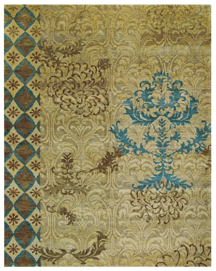 8' X 12' Tan Blue and Brown Floral Hand Knotted Area Rug