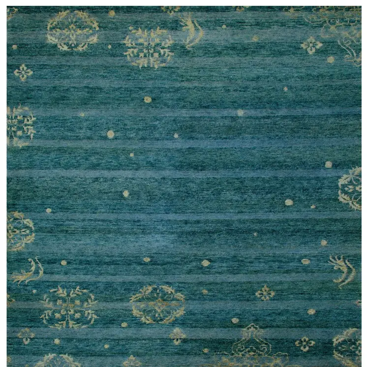 6' X 9' Tan Blue and Green Striped Hand Knotted Area Rug