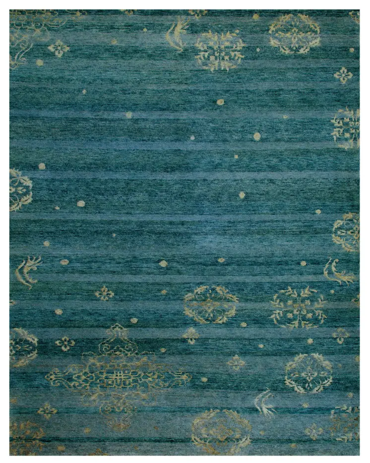 6' X 9' Tan Blue and Green Striped Hand Knotted Area Rug