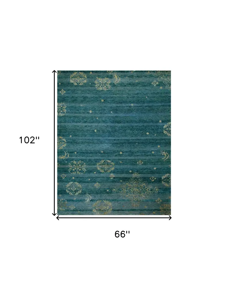 6' X 9' Tan Blue and Green Striped Hand Knotted Area Rug