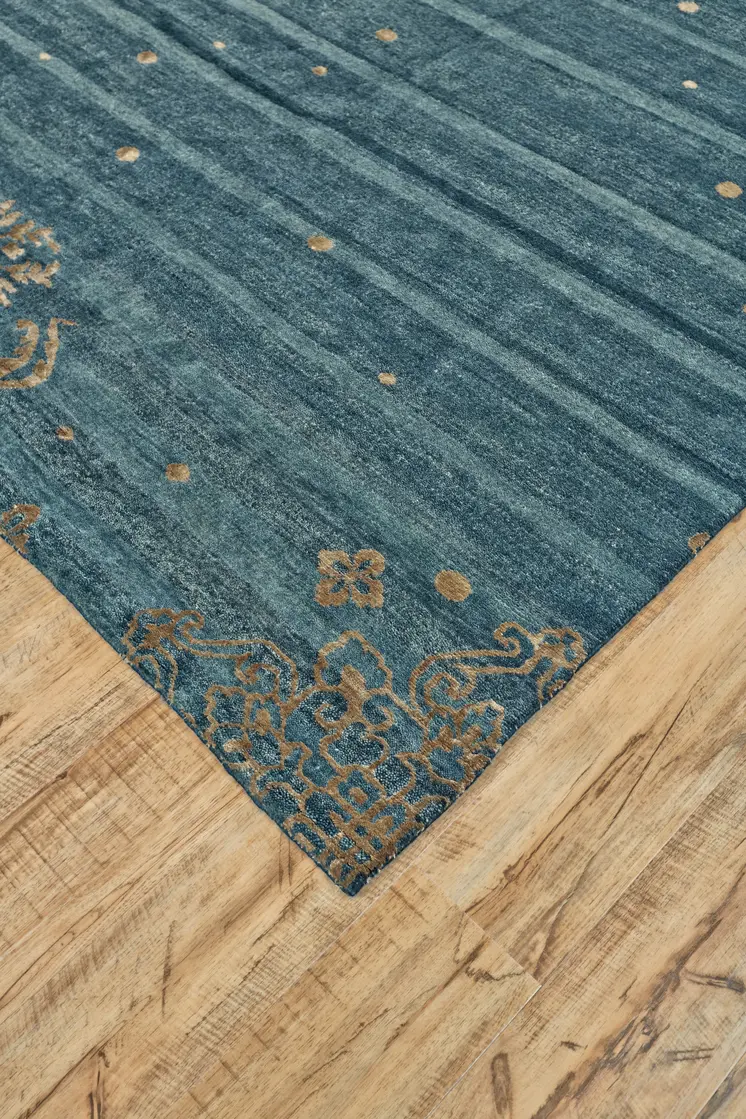 6' X 9' Tan Blue and Green Striped Hand Knotted Area Rug