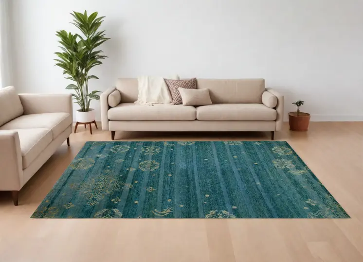 6' X 9' Tan Blue and Green Striped Hand Knotted Area Rug