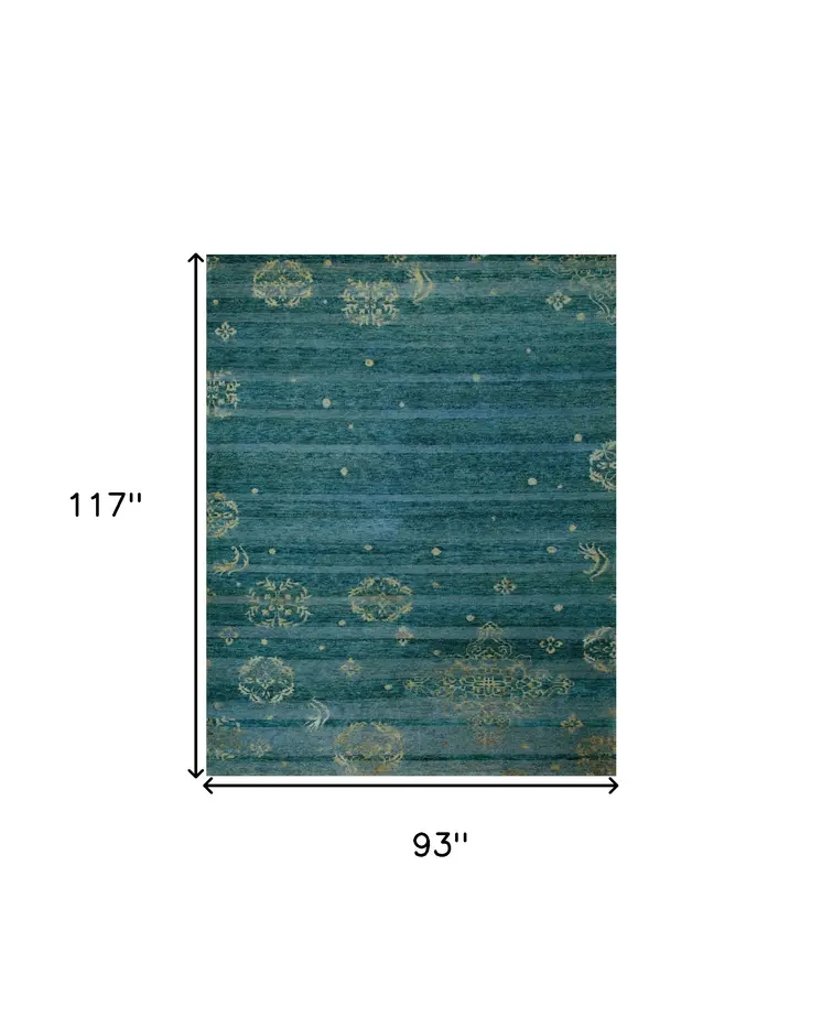 8' X 10' Tan Blue and Green Striped Hand Knotted Area Rug