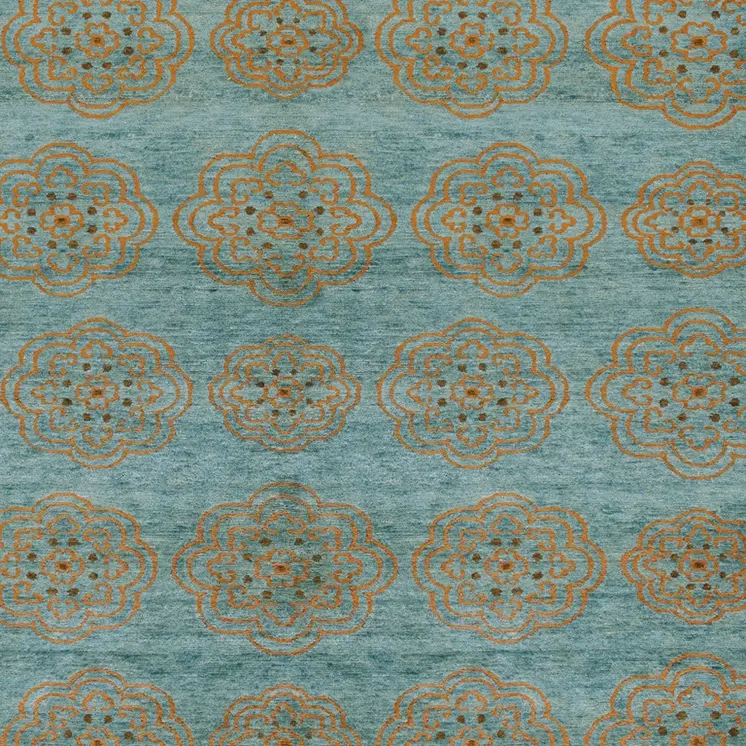 4' X 6' Green Blue and Taupe Floral Hand Knotted Worn Faded Area Rug