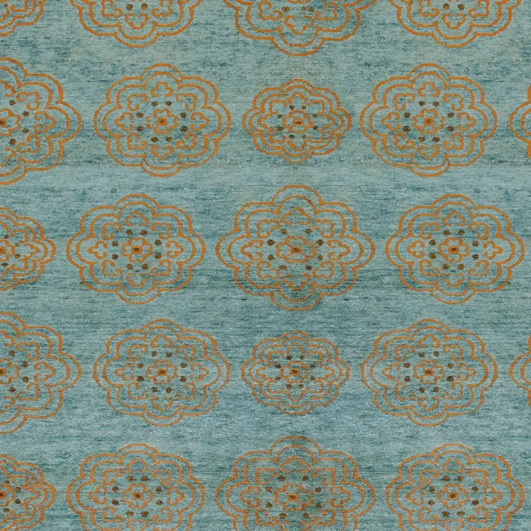 6' X 9' Green Blue and Taupe Floral Hand Knotted Worn Faded Area Rug