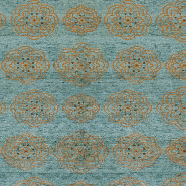 6' X 9' Green Blue and Taupe Floral Hand Knotted Worn Faded Area Rug