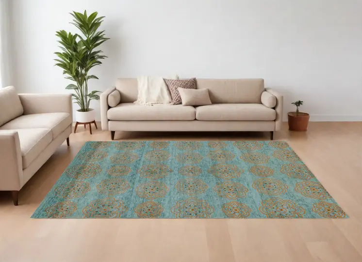 6' X 9' Green Blue and Taupe Floral Hand Knotted Worn Faded Area Rug